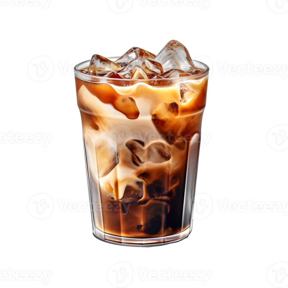 Ice coffee in a glass with cream poured over and coffee beans. Cold summer drink. png