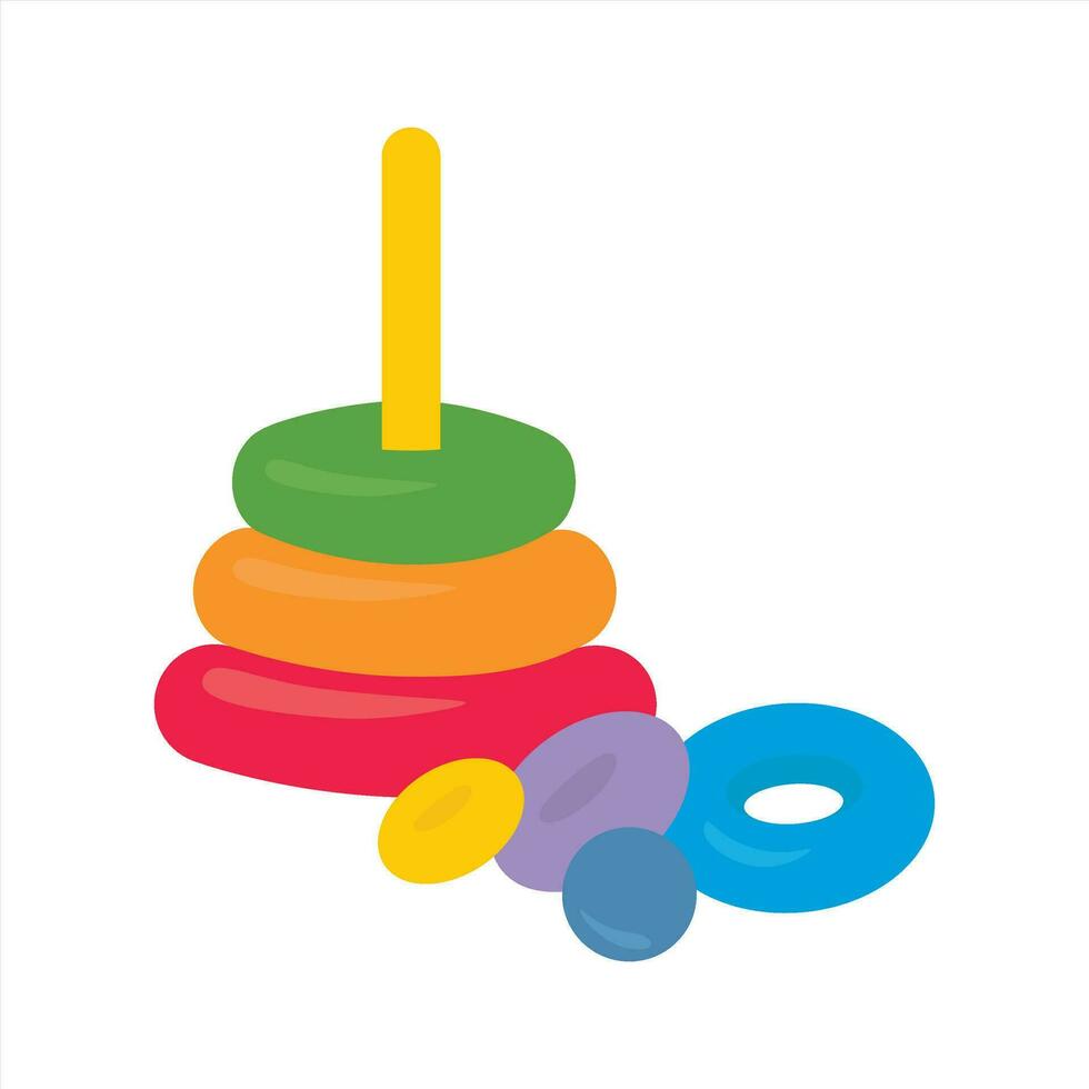 Disassembled childrens colorful plastic toy. Building stack up ring tower. vector