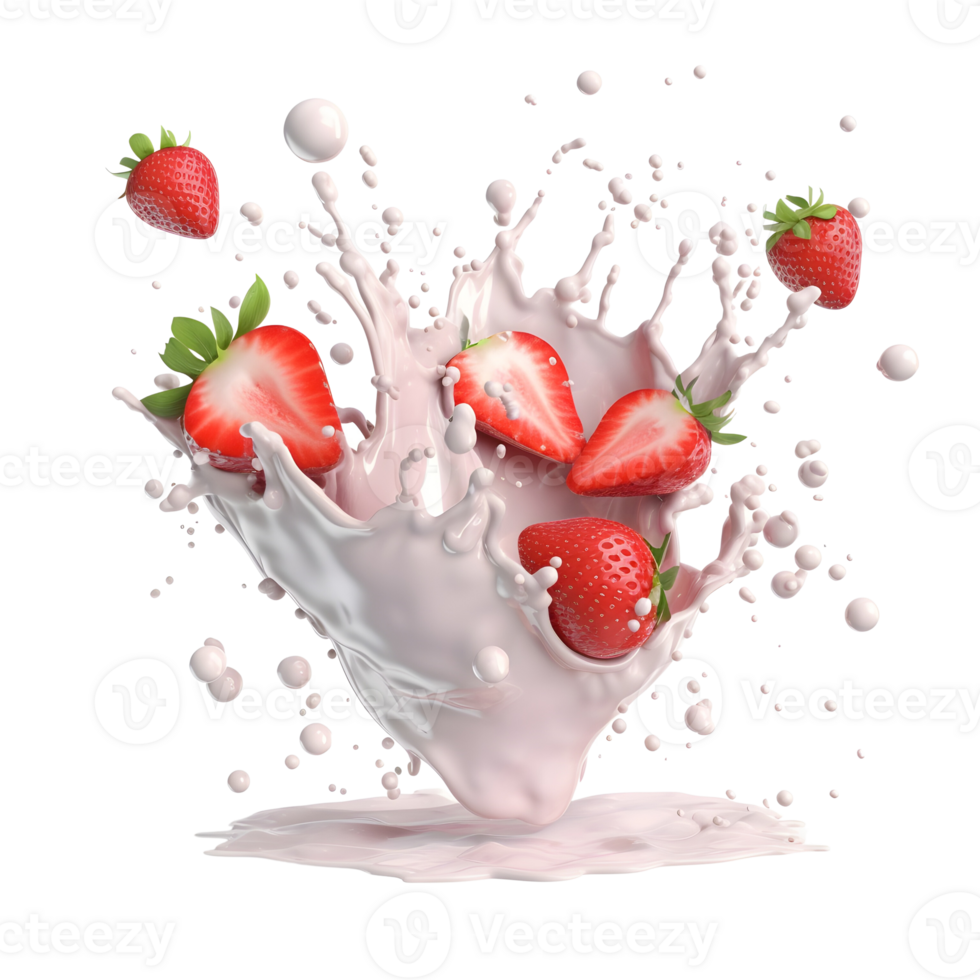 milk splash with strawberry isolated on transparent background, 3d illustration. png