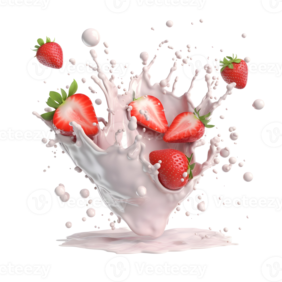 latte spruzzo con fragola isolato su trasparente sfondo, 3d illustrazione. png