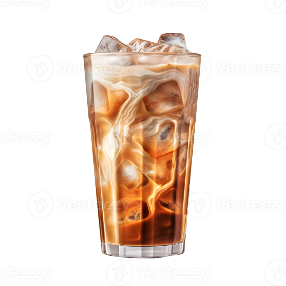 Ice coffee in a glass with cream poured over and coffee beans. Cold summer drink. png