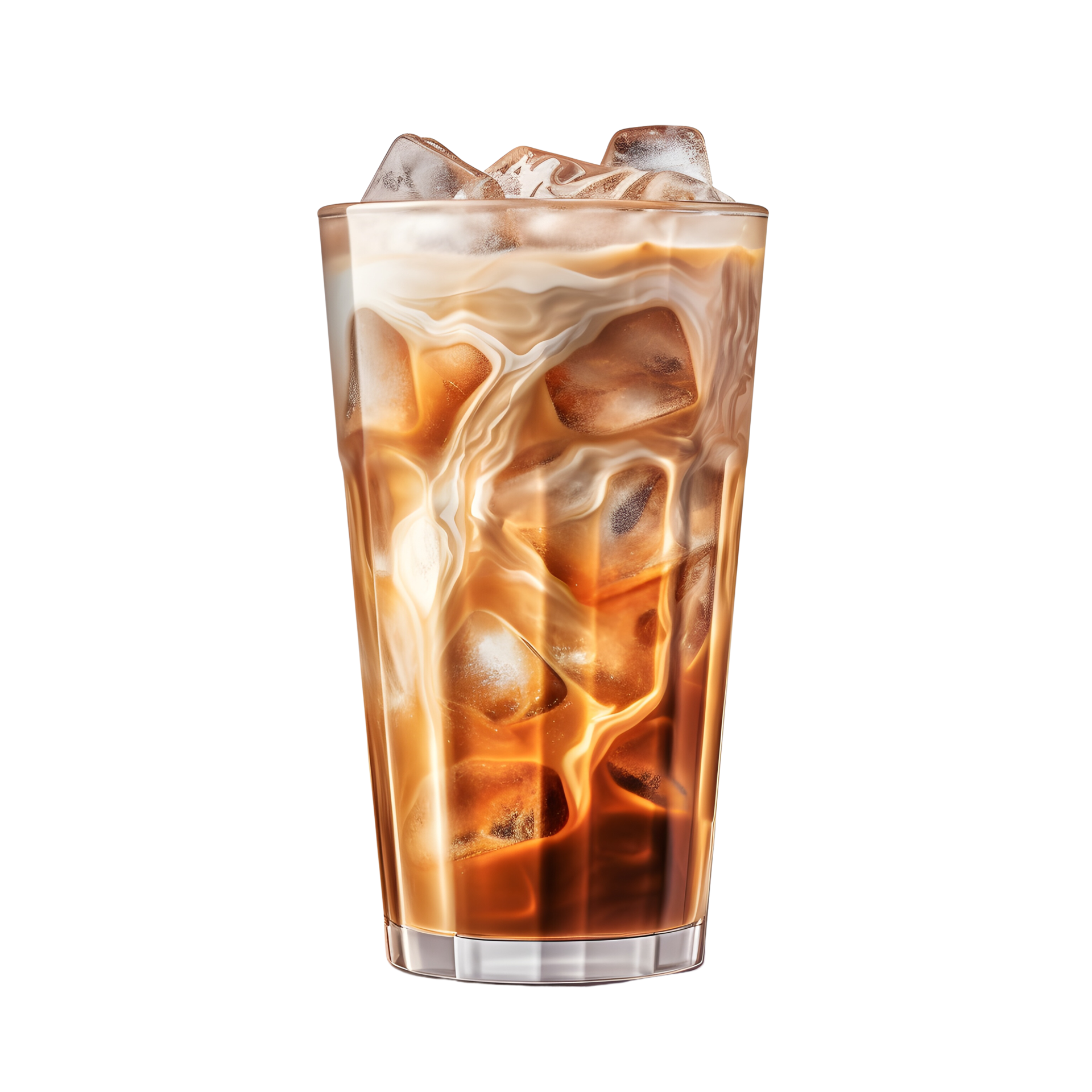 Ice coffee in a glass with cream poured over and coffee beans