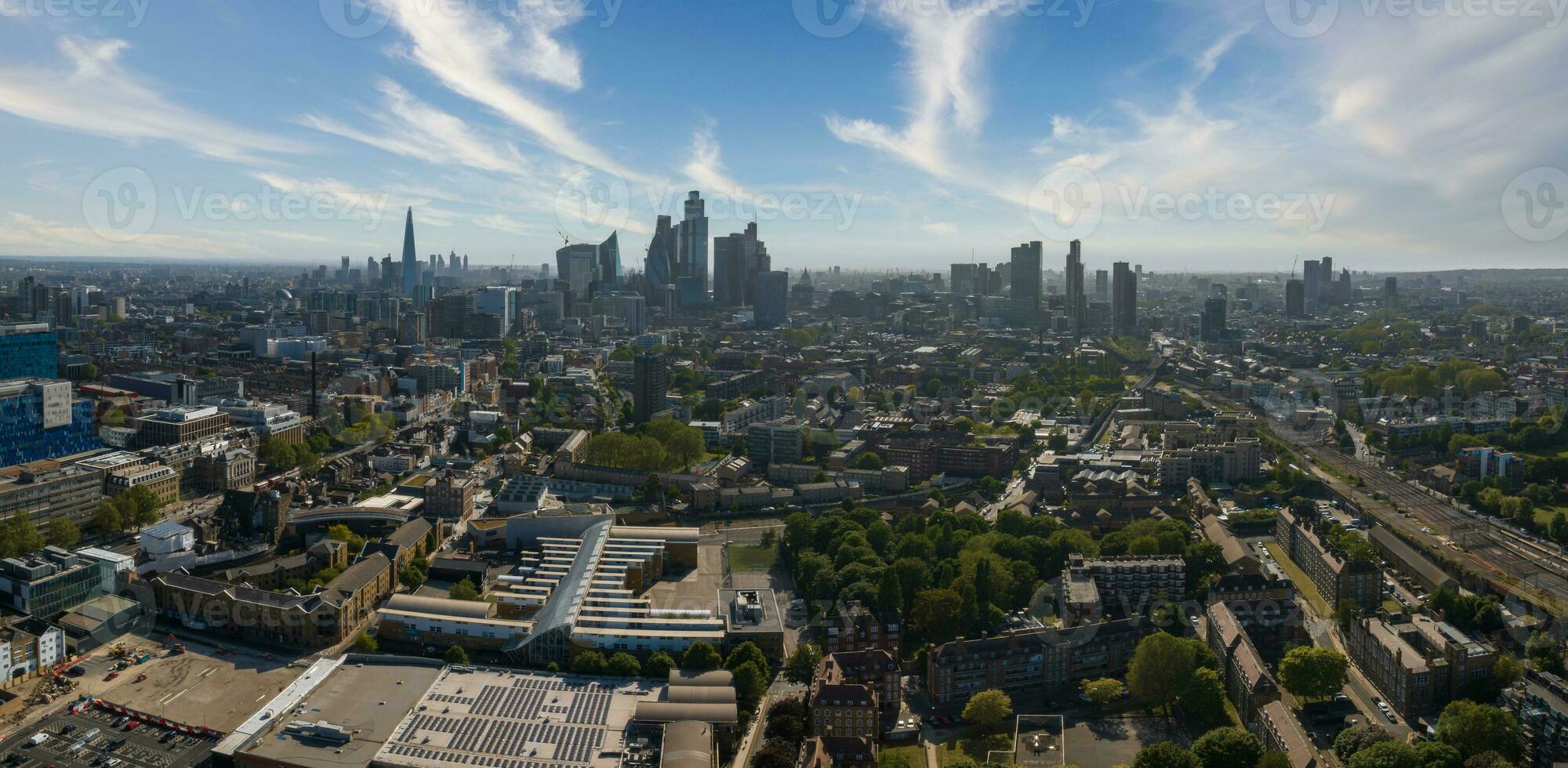 An aerial view of trains in London near Liverpool Station. photo