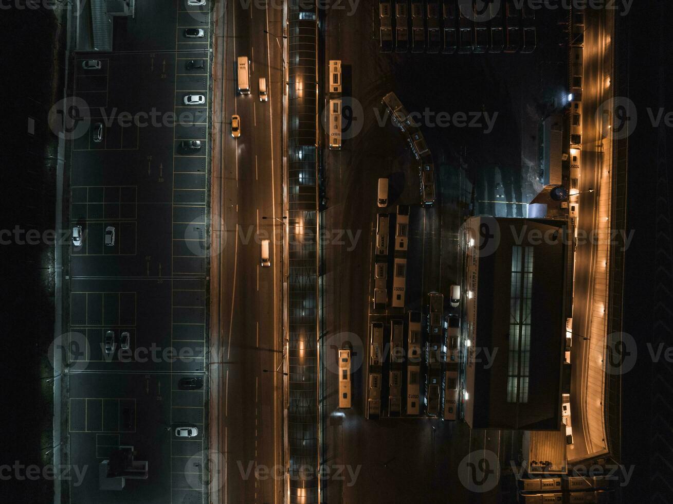 Top view of car traffic transport on crossing multiple lanes highway photo