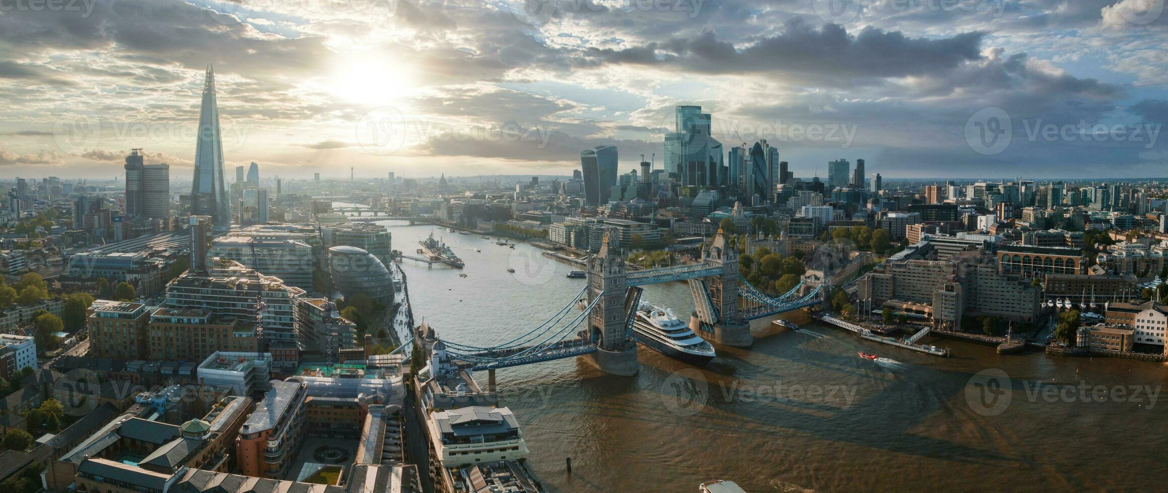 Large cruise ship going through London under the Tower Bridge. photo