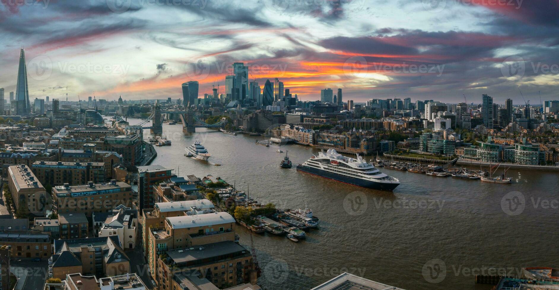 Large cruise ship going through London under the Tower Bridge. photo