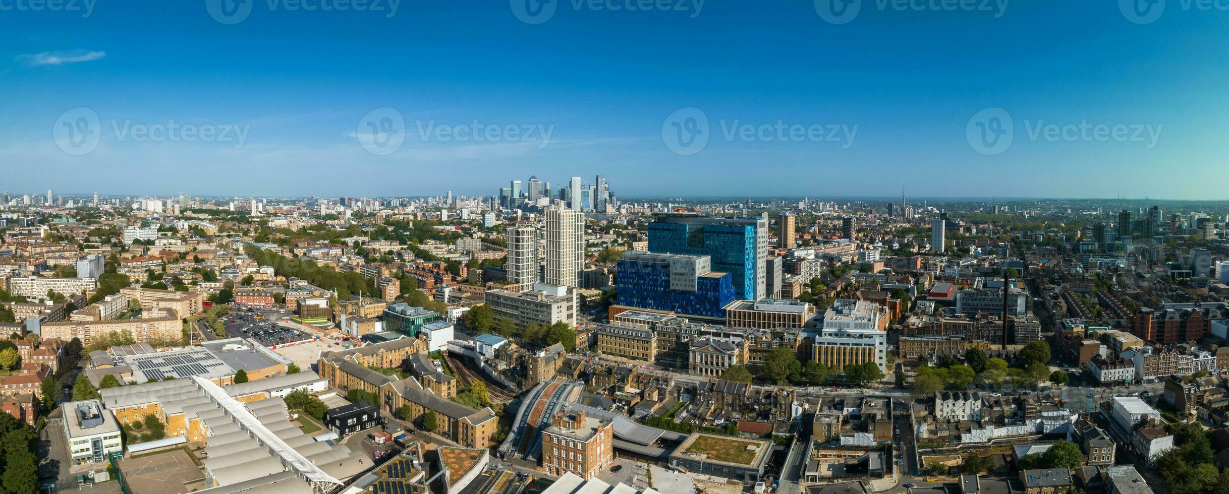 Panoramic view of the hospital building in London with the helicopter located on the roof photo