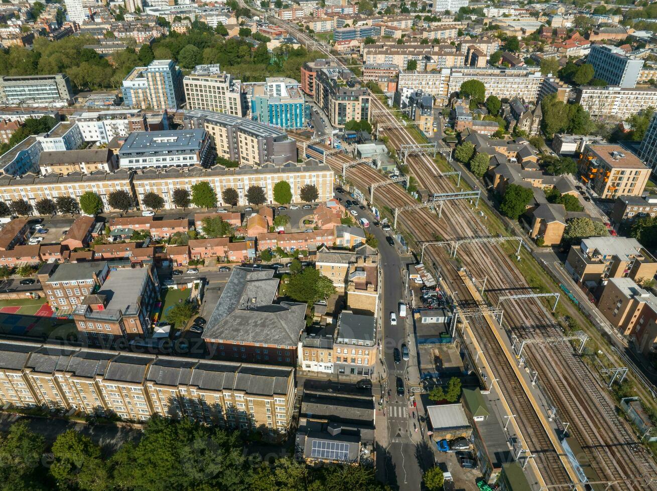 An aerial view of trains in London near Liverpool Station. photo