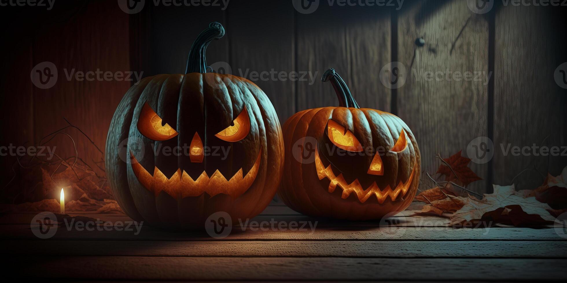 Jack O Lanterns pumpkins and candles on a wooden table. photo
