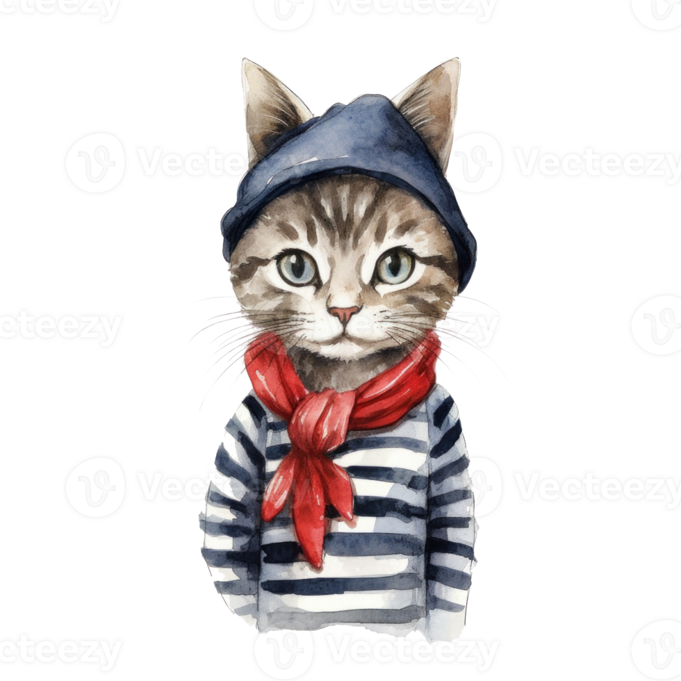 Cute French Cat Watercolor. Illustration png