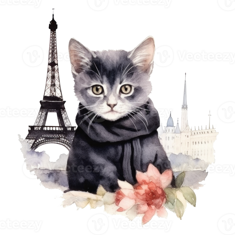 Cute French Cat Watercolor. Illustration AI Generative png