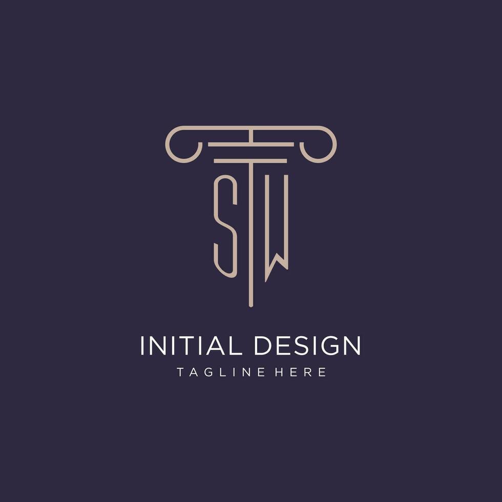 SW initial with pillar logo design, luxury law office logo style vector