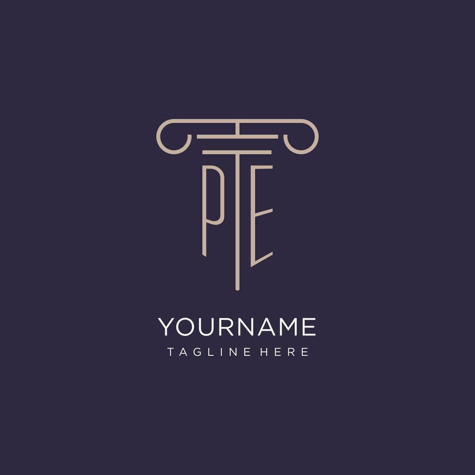 PE initial with pillar logo design, luxury law office logo style vector