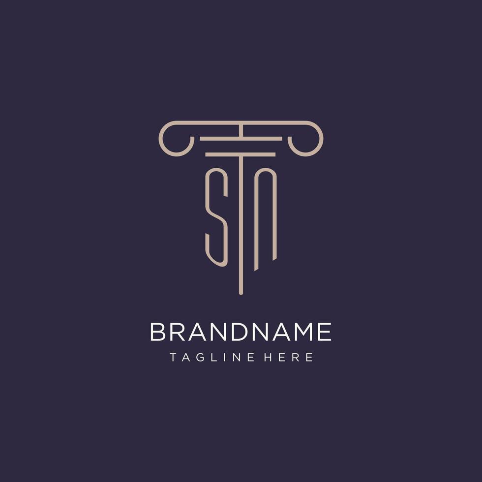 SN initial with pillar logo design, luxury law office logo style vector