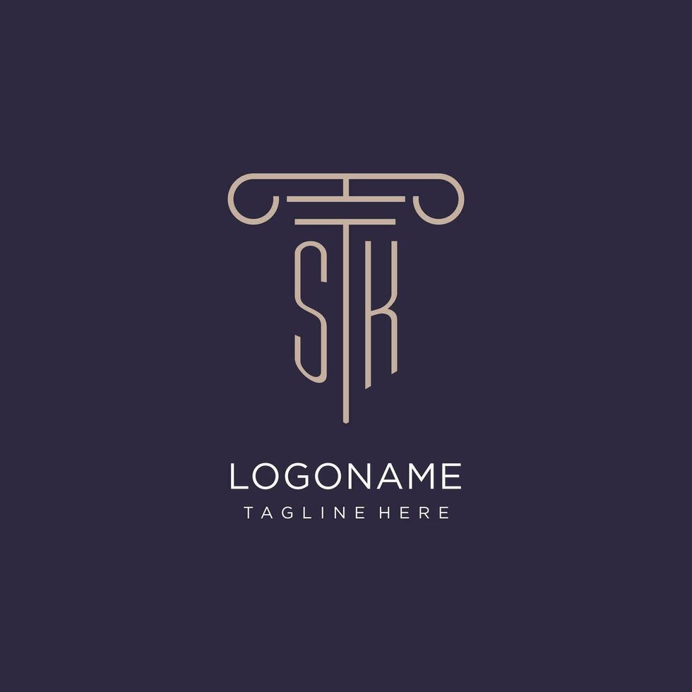 SK initial with pillar logo design, luxury law office logo style vector