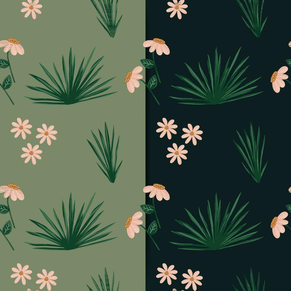 hand drawn floral and grass vector seamless pattern