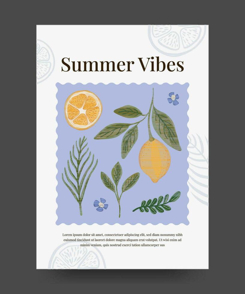 verano póster Clásico estilo con tropical hojas, exótico Fruta y libélula. verano póster ilustración vector