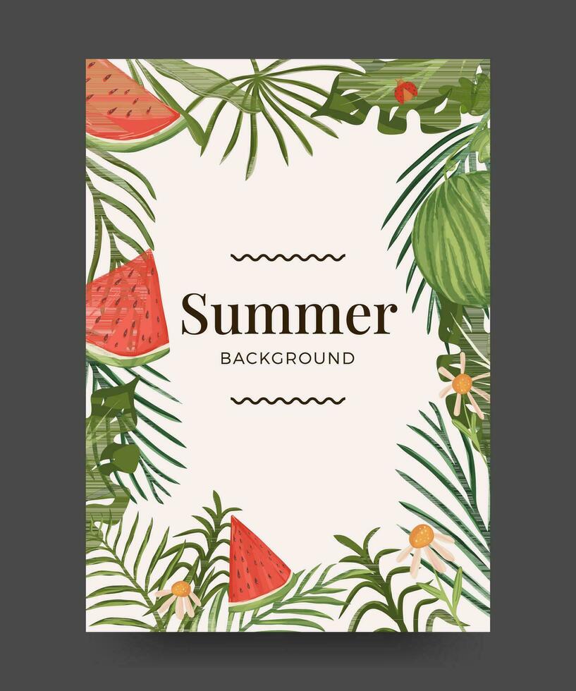 Summer background poster with tropical leaves, exotic fruit and flowers. Summer poster illustration vector