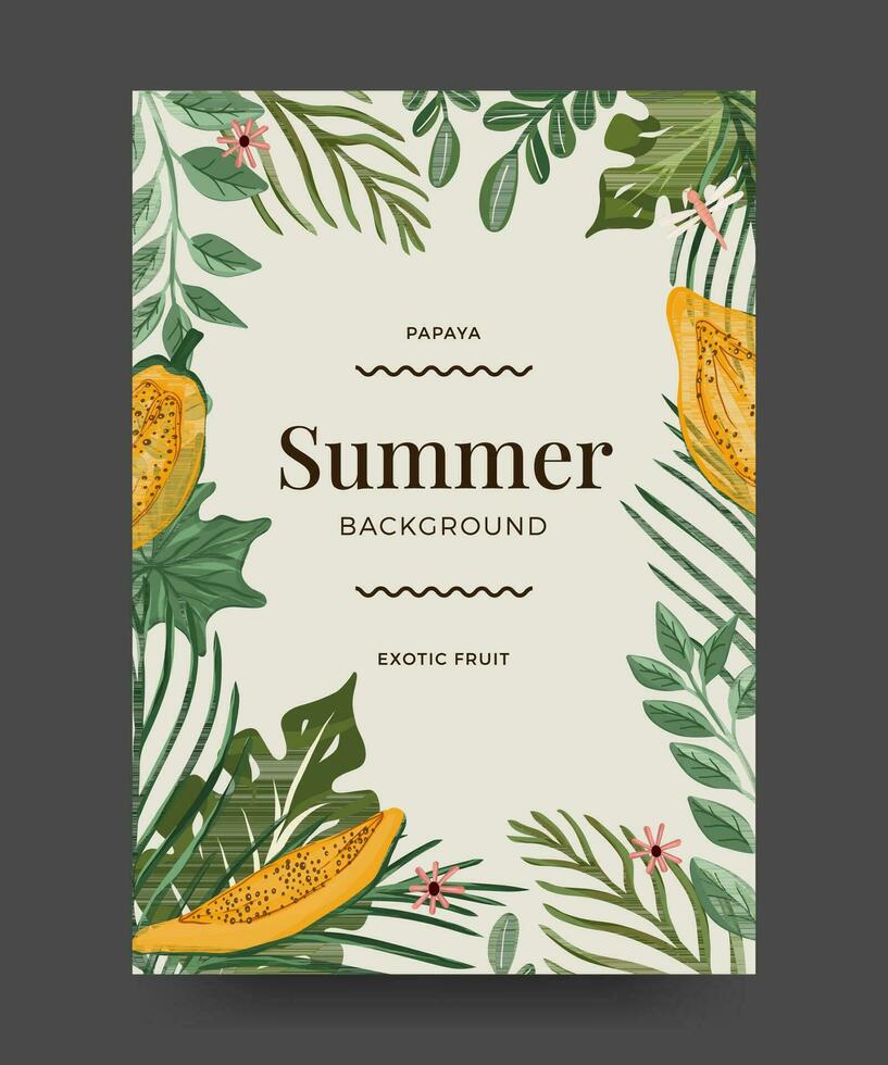 Summer background poster with tropical leaves, exotic fruit and flowers. Summer poster illustration vector