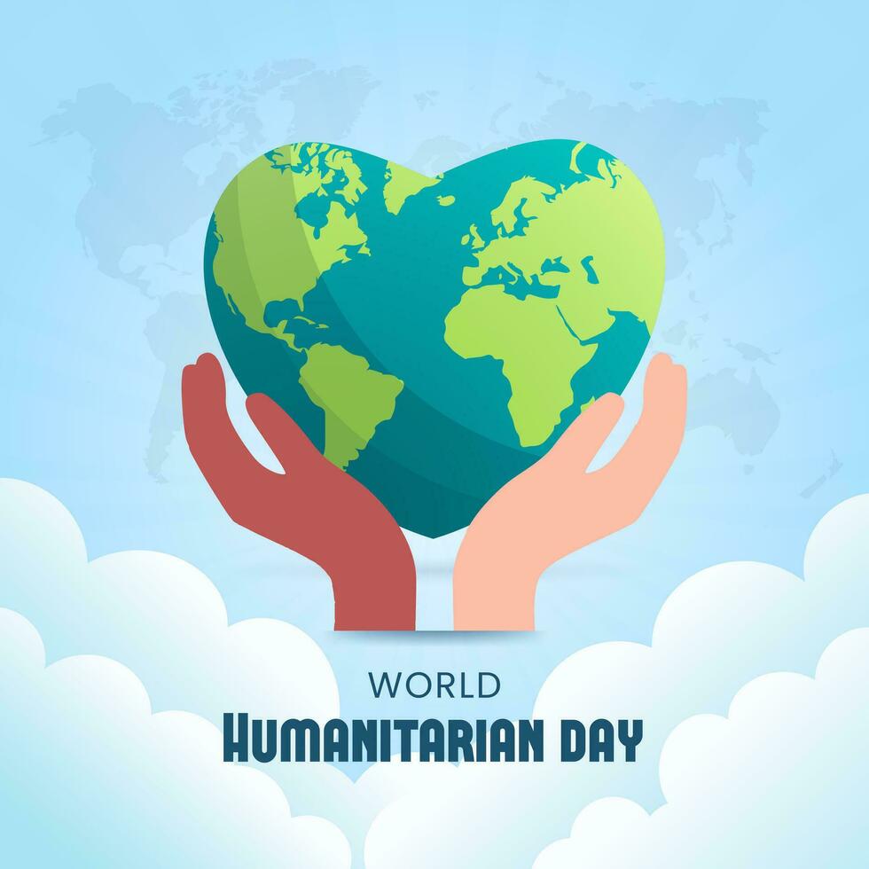 World Humanitarian Day banner with multiple ethnic hands and heart shape globe illustration vector