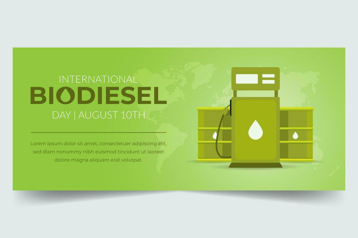 International Biodiesel Day August 10th horizontal banner with fuel pump and barrels green tone illustration vector