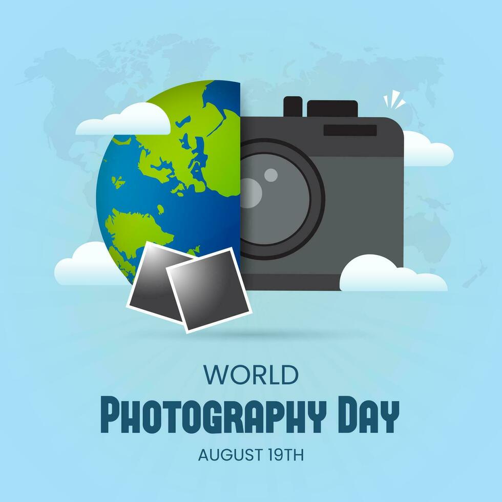 World Photography Day August 19th with camera globe polaroid illustration banner vector