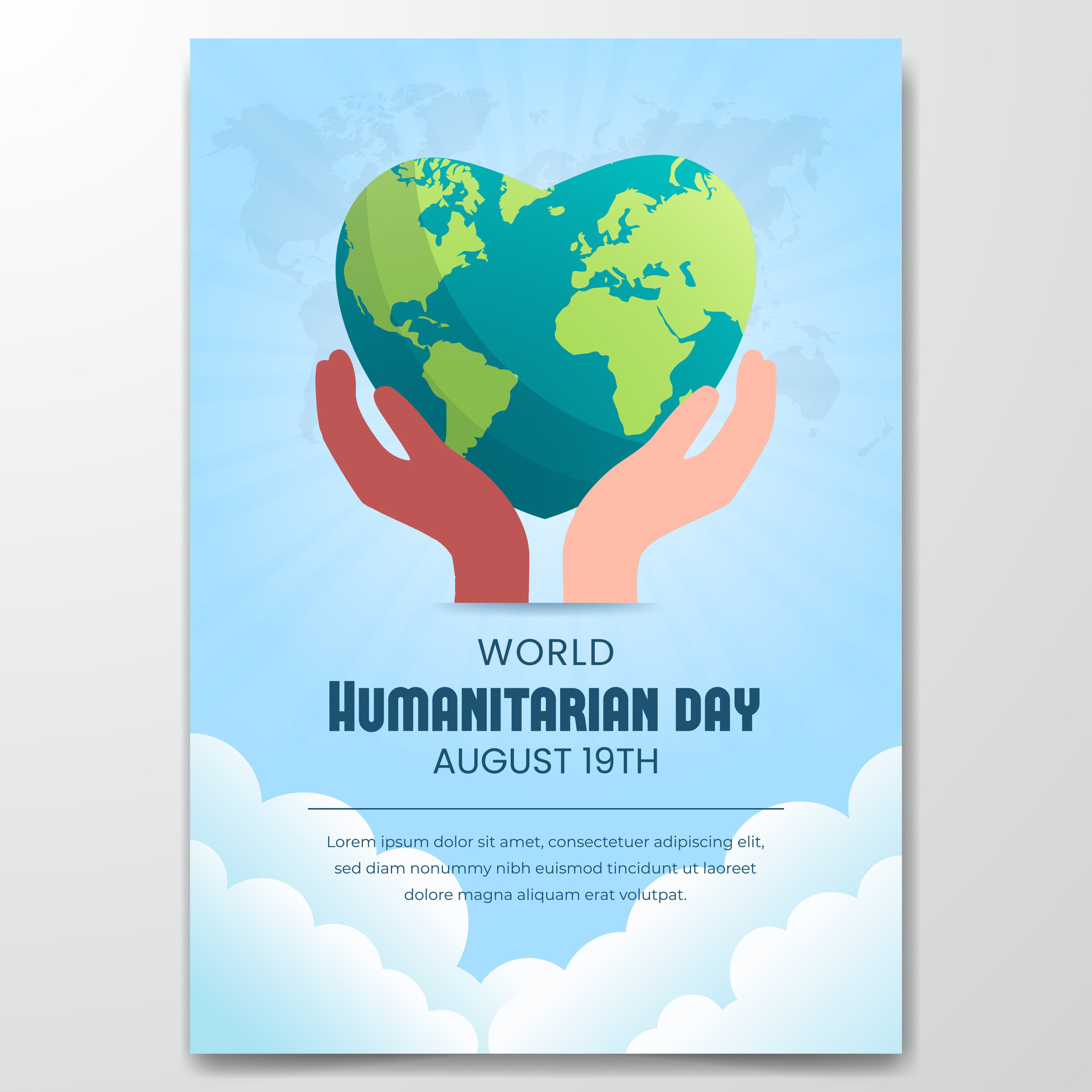 World Humanitarian Day poster design with multiple ethnic hands and