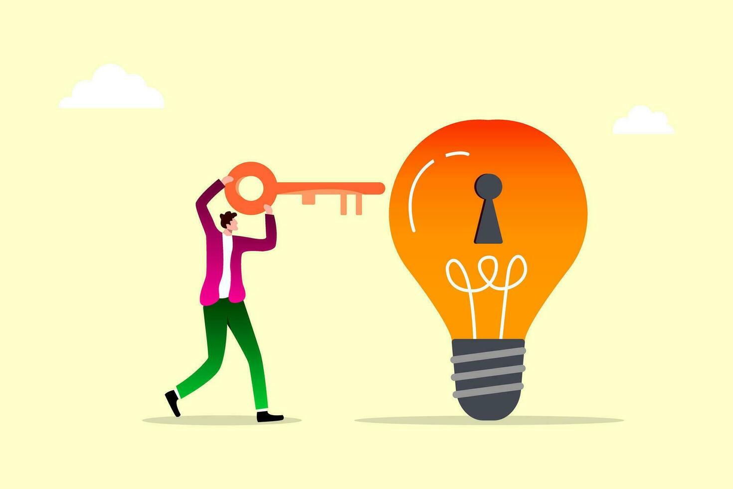 person with idea, smart businessman holding golden key about to insert into key hold on lightbulb idea lamp, Unlock new business idea, invent new product or creativity concept. vector