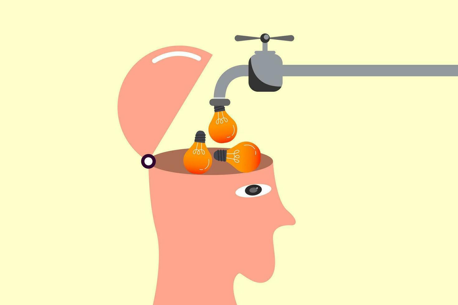bright lightbulb ideas flow from pipe into human head, Learn new skills, vector