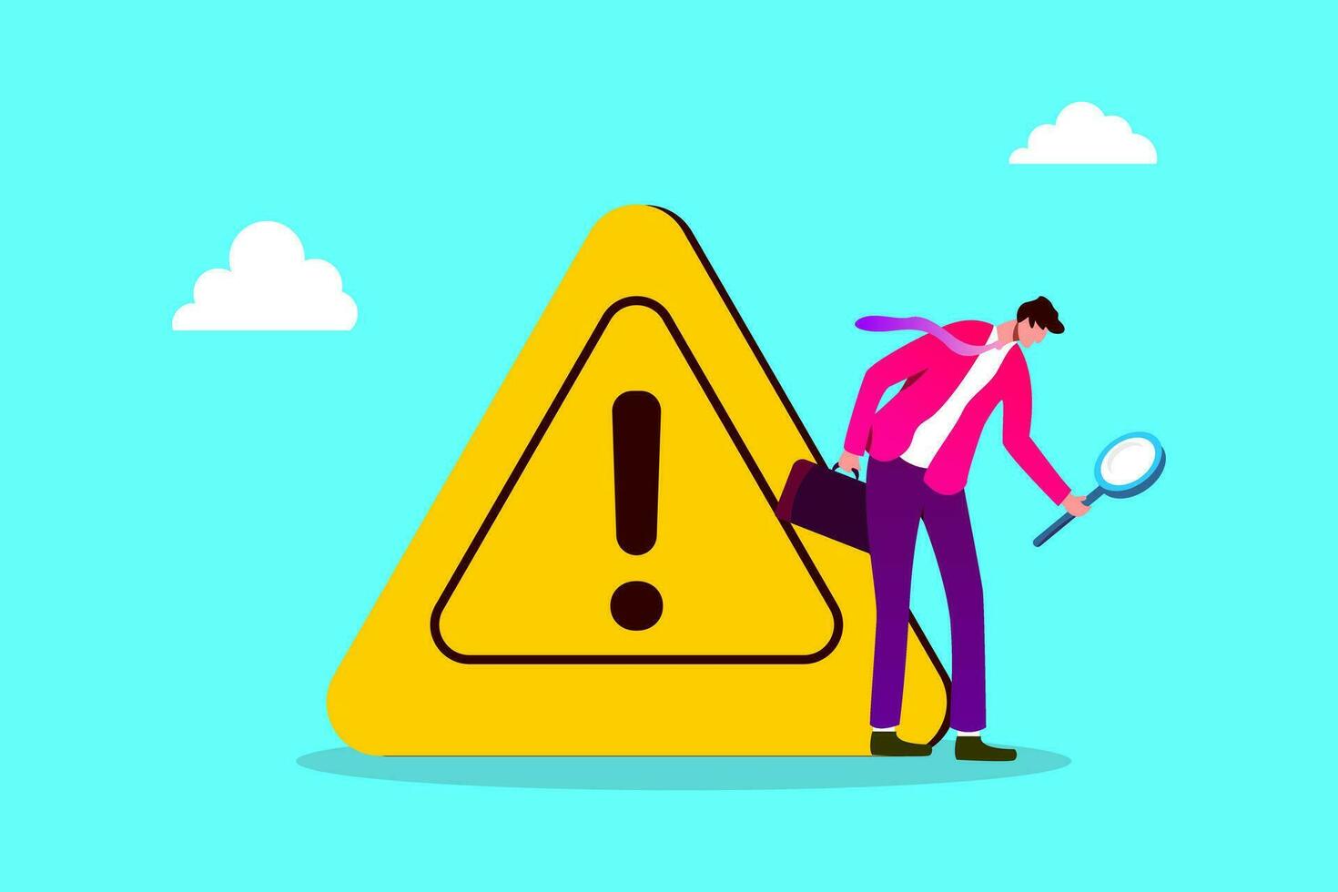 businessman with magnifier monitor and investigate incident with exclamation attention sign vector