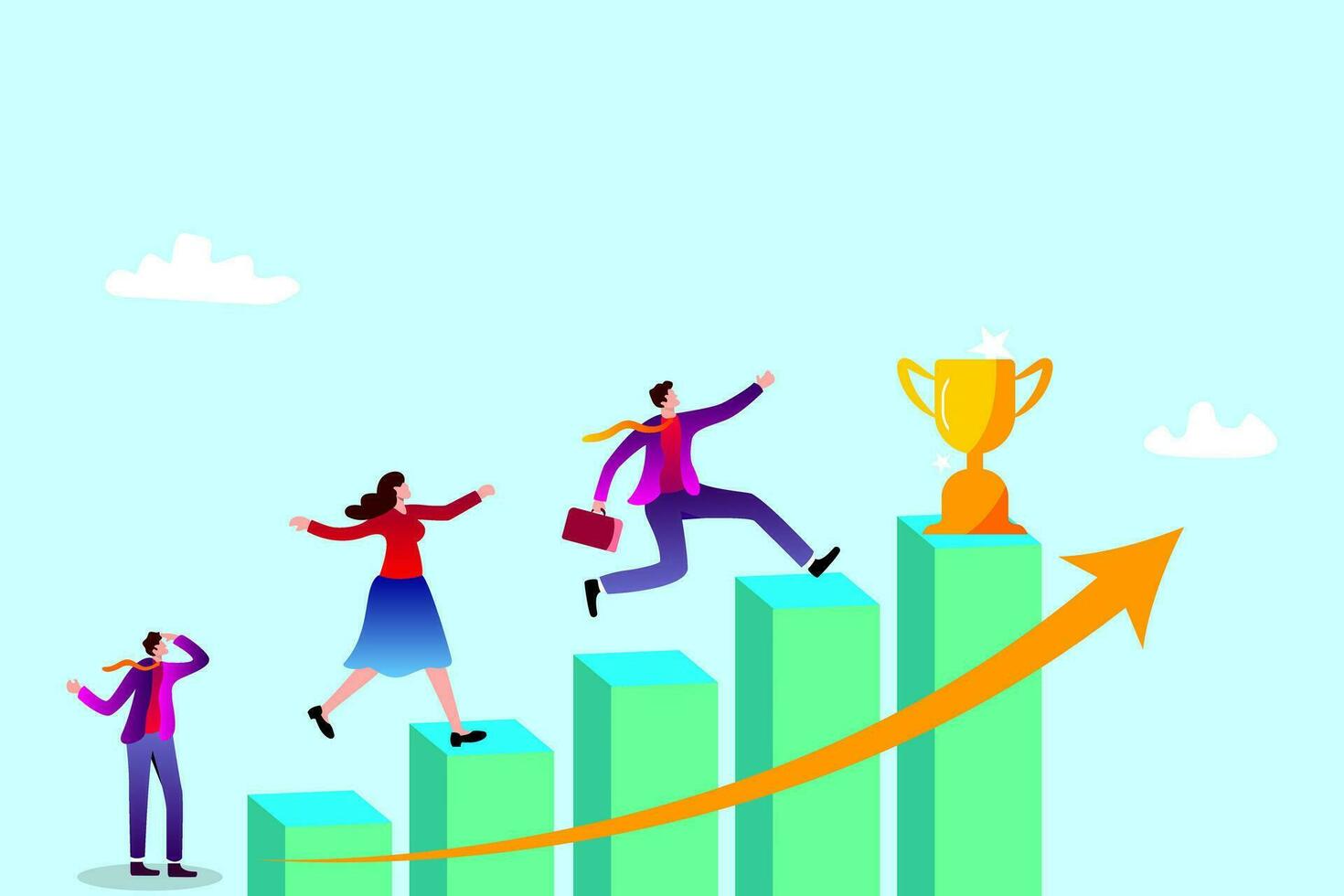 team achievement or teamwork to achieve target, Growth to success, career development or business strategy to win or victory, growing business concept, business people running up graph to trophy. vector