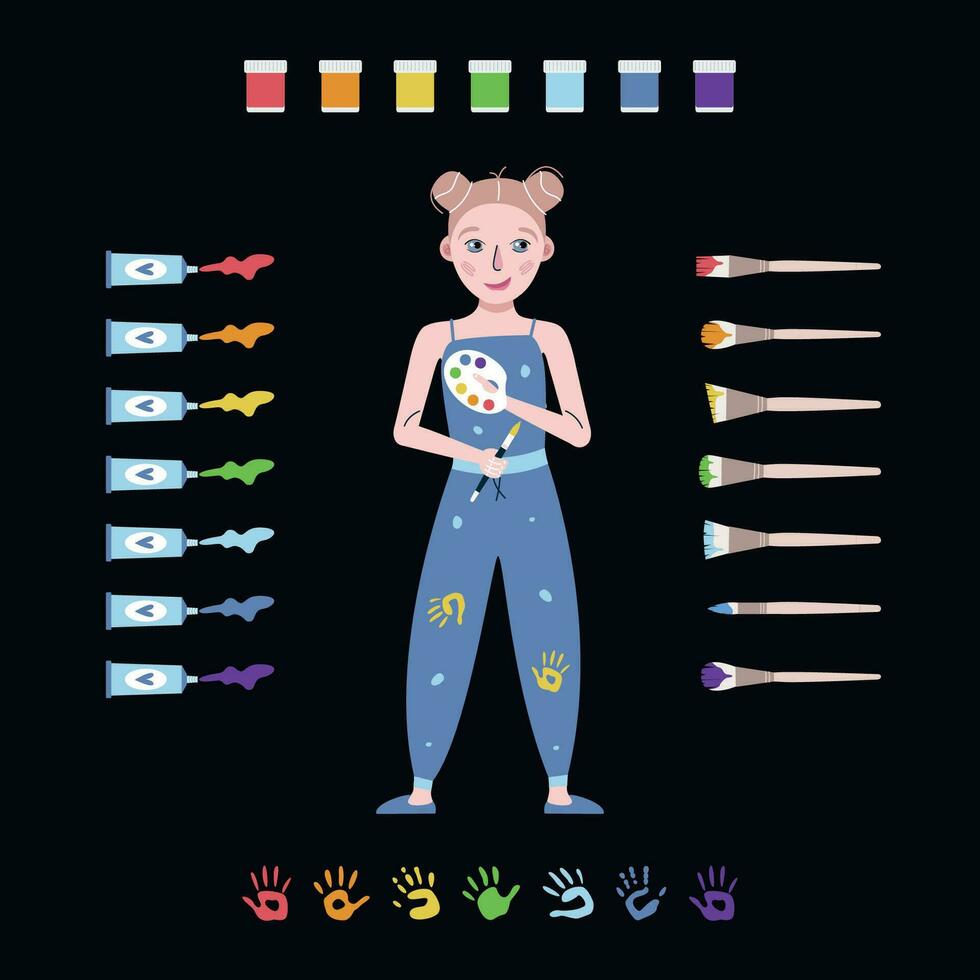 Flat vector painting tools in childish style. Hand drawn art supplies, paint brush, palm, kid with palette