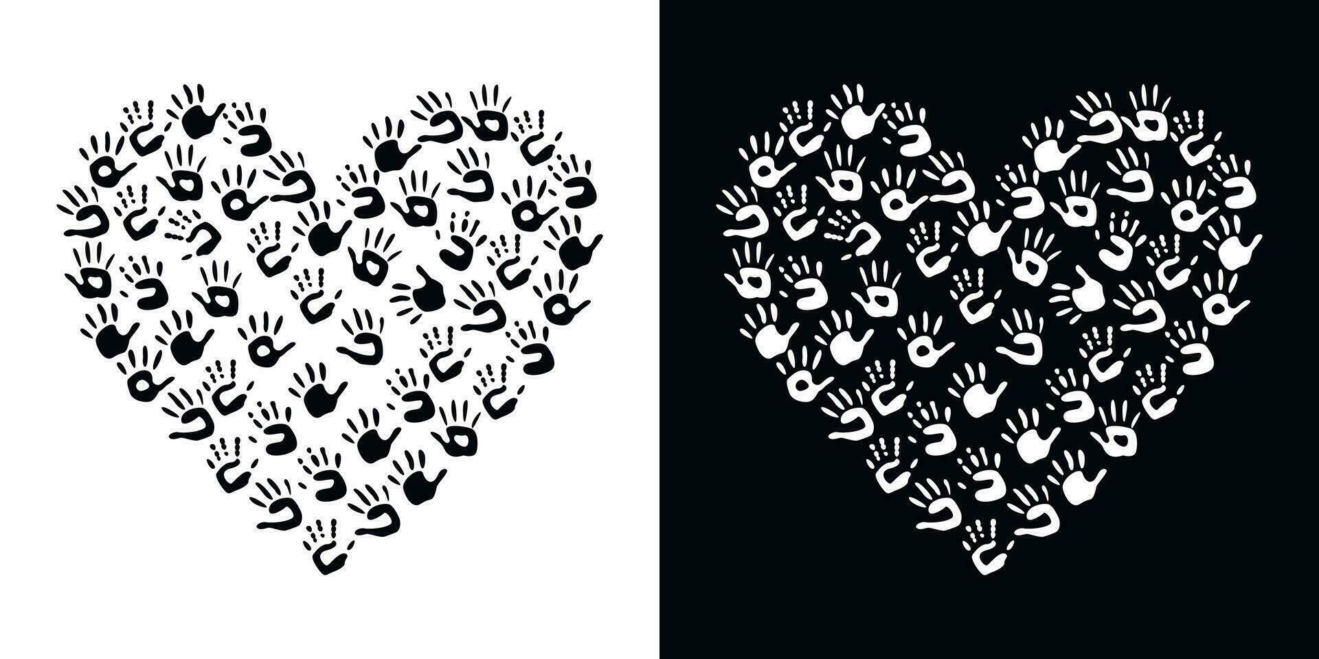 Flat vector painting tools in childish style. Hand drawn heart shaped frame of palm prints