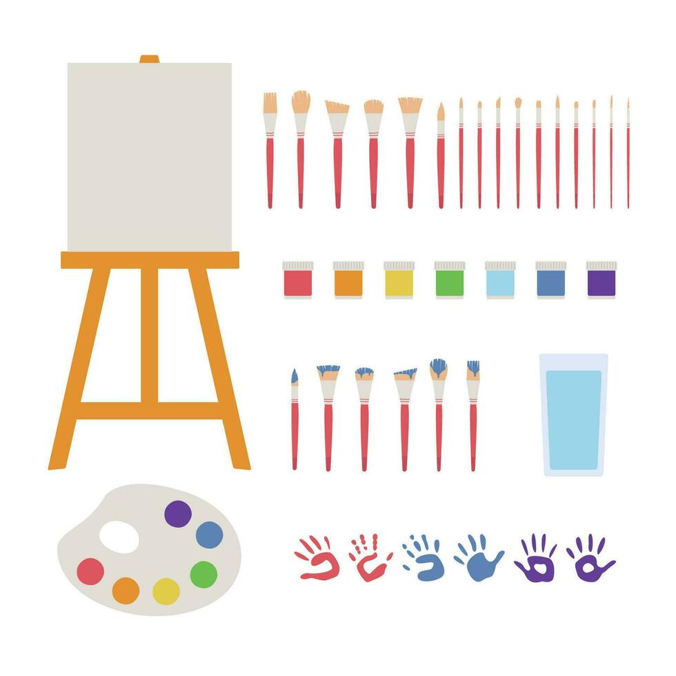 Flat vector painting tools in childish style. Hand drawn art supplies, paint brush, palm, gouache, acrylic, easel, palette