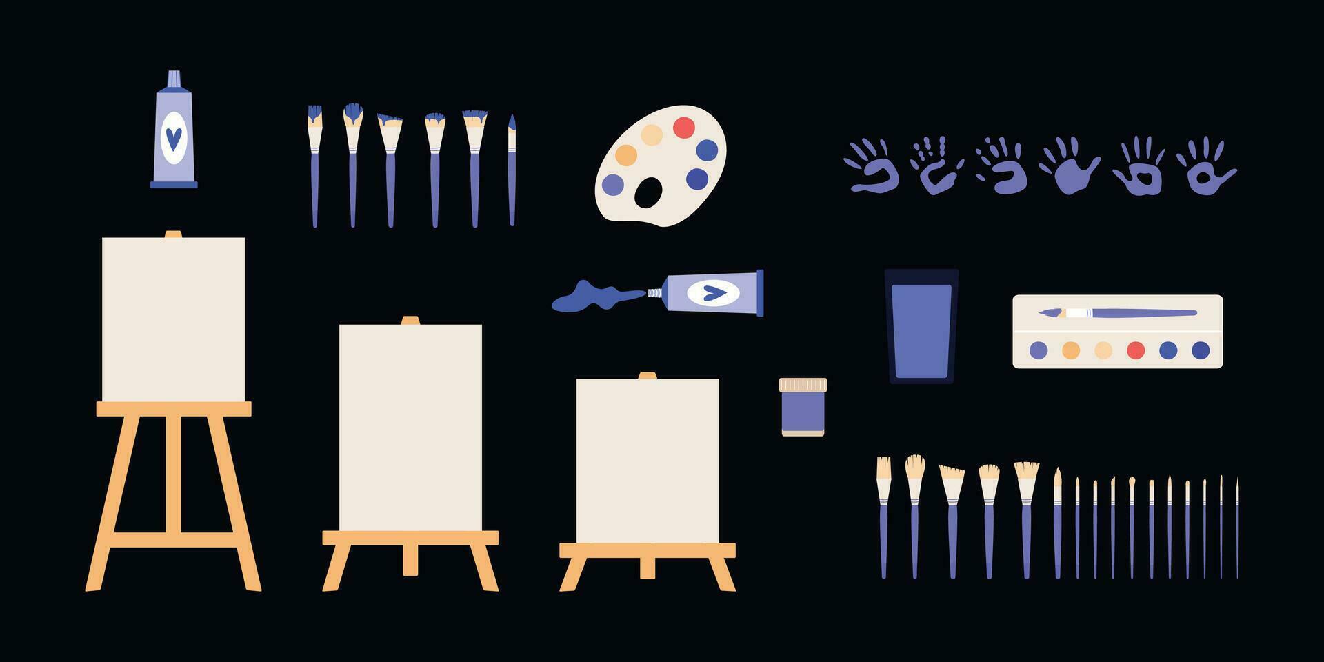 Flat vector painting tools in childish style. Hand drawn art supplies, paint brush, palm, gouache, acrylic, easel, palette