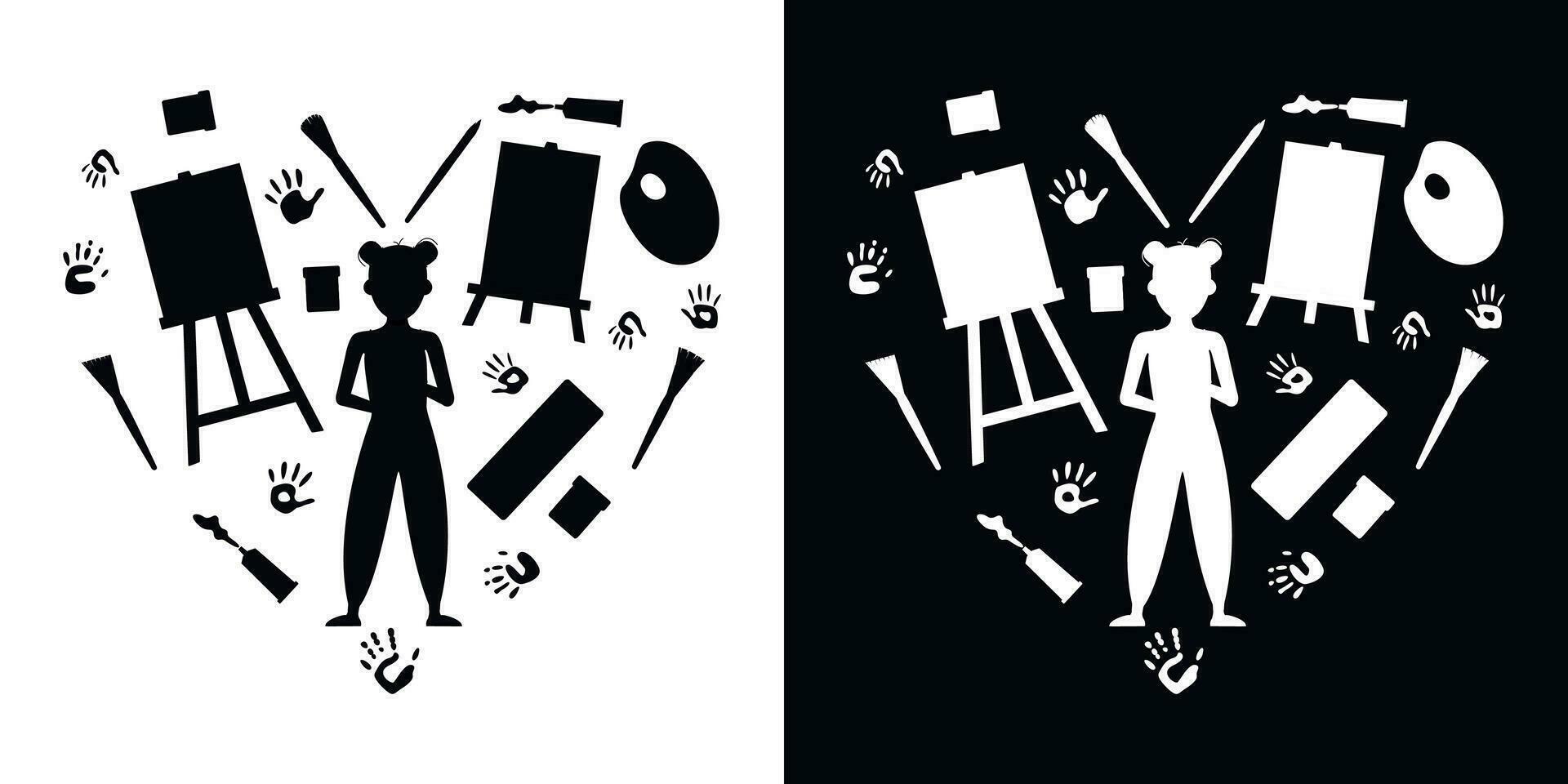 Flat vector painting tools in childish style. Hand drawn heart shaped art supplies
