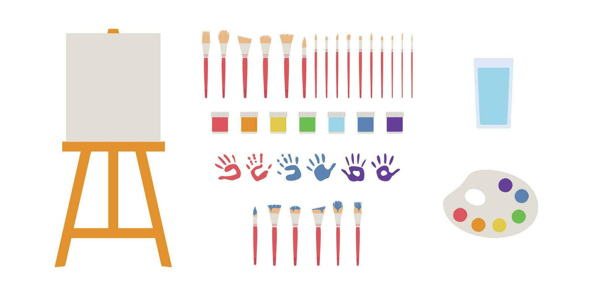 Flat vector painting tools in childish style. Hand drawn art supplies, paint brush, palm, gouache, acrylic, easel, palette