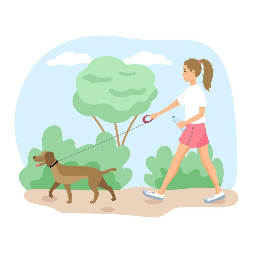 woman walking her dog, brisk walking, healthy lifestyle vector