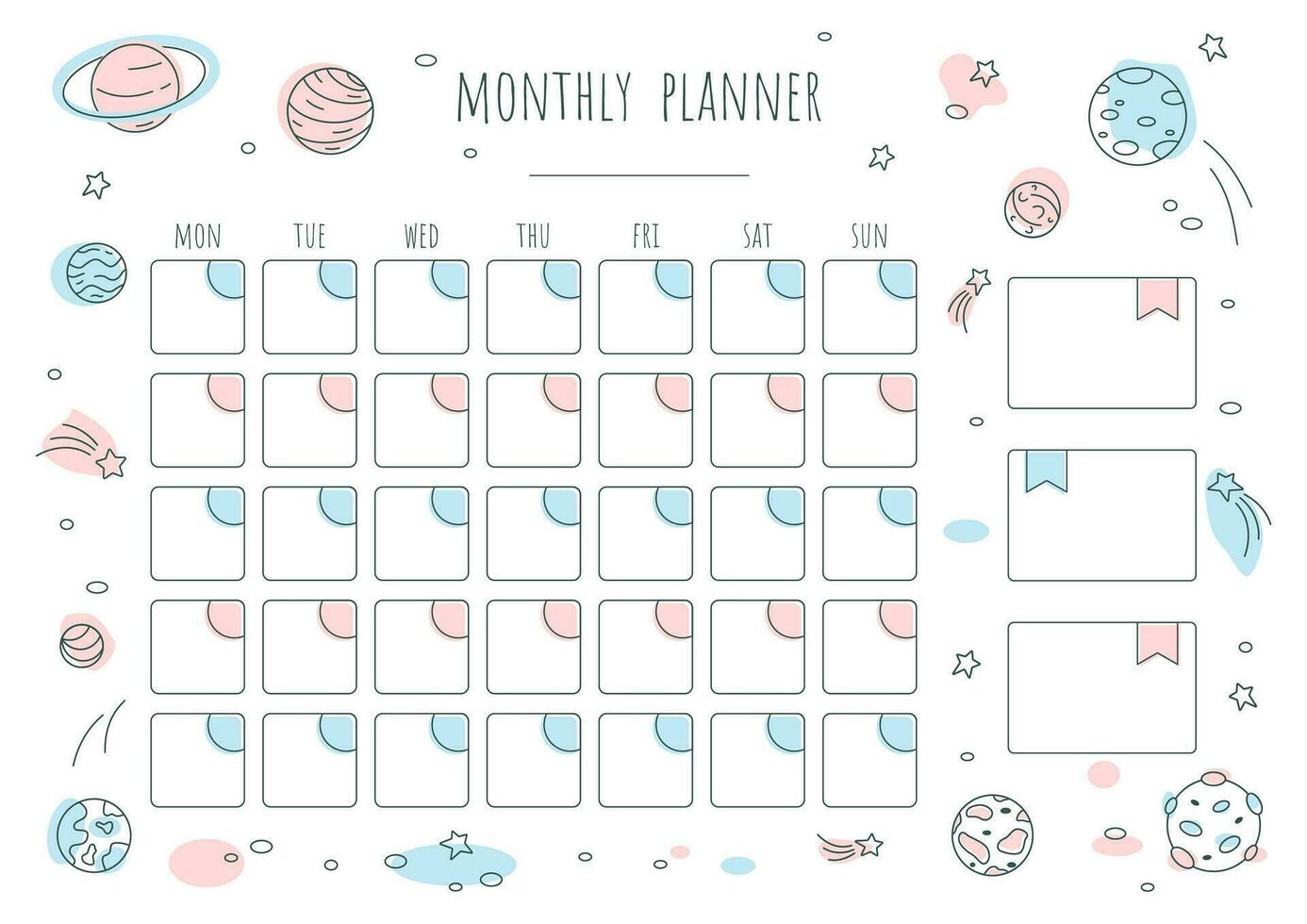 Cute monthly planner with stars and planets vector