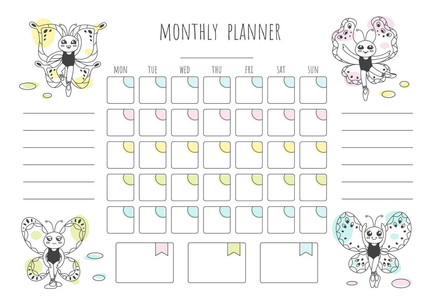 Cute monthly planner with butterflies vector