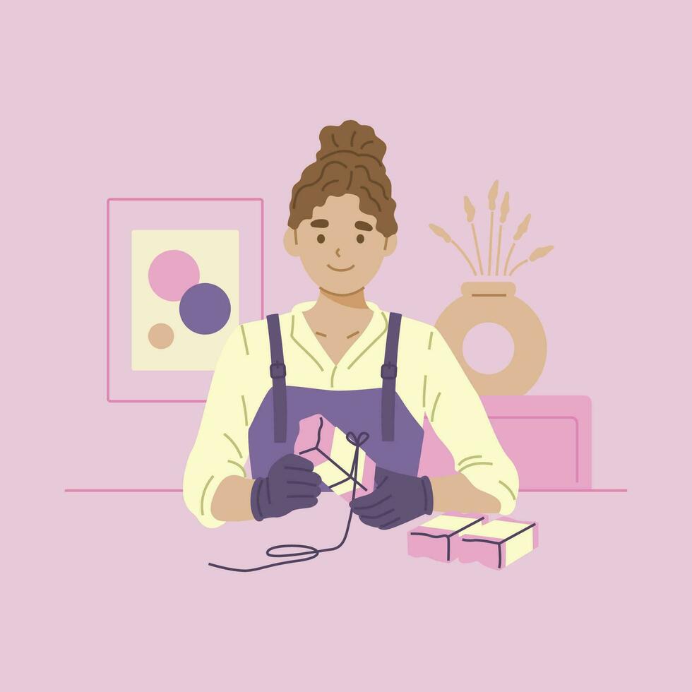 Female soap maker holds handmade soap in her hands. vector
