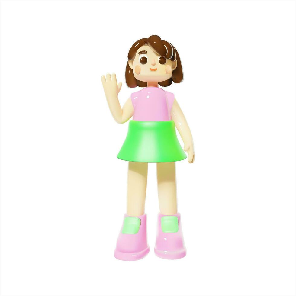 Young smiling woman standing with greeting gesture, 3D vector character illustration.
