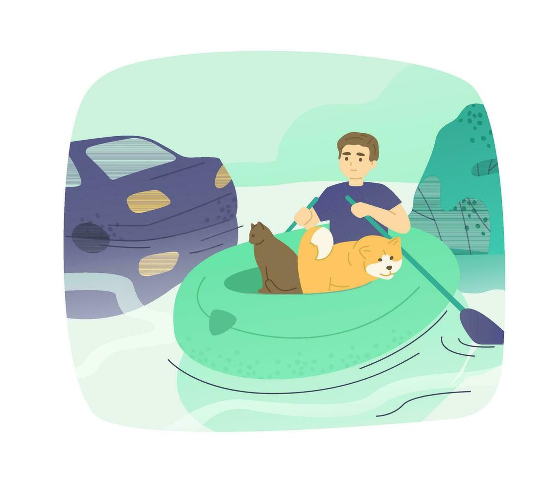 Man in an inflatable boat rescues animals from flooding. vector