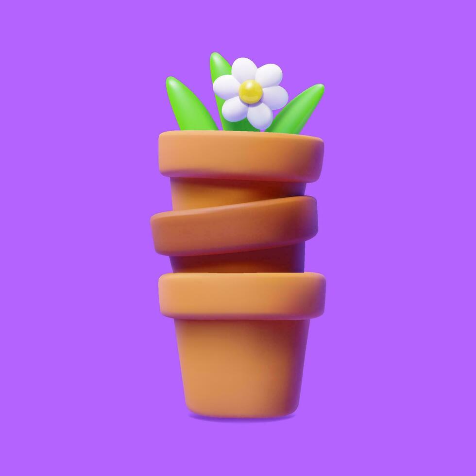 Stack tower of clay flower pots, flower grows in the top. 3D vector