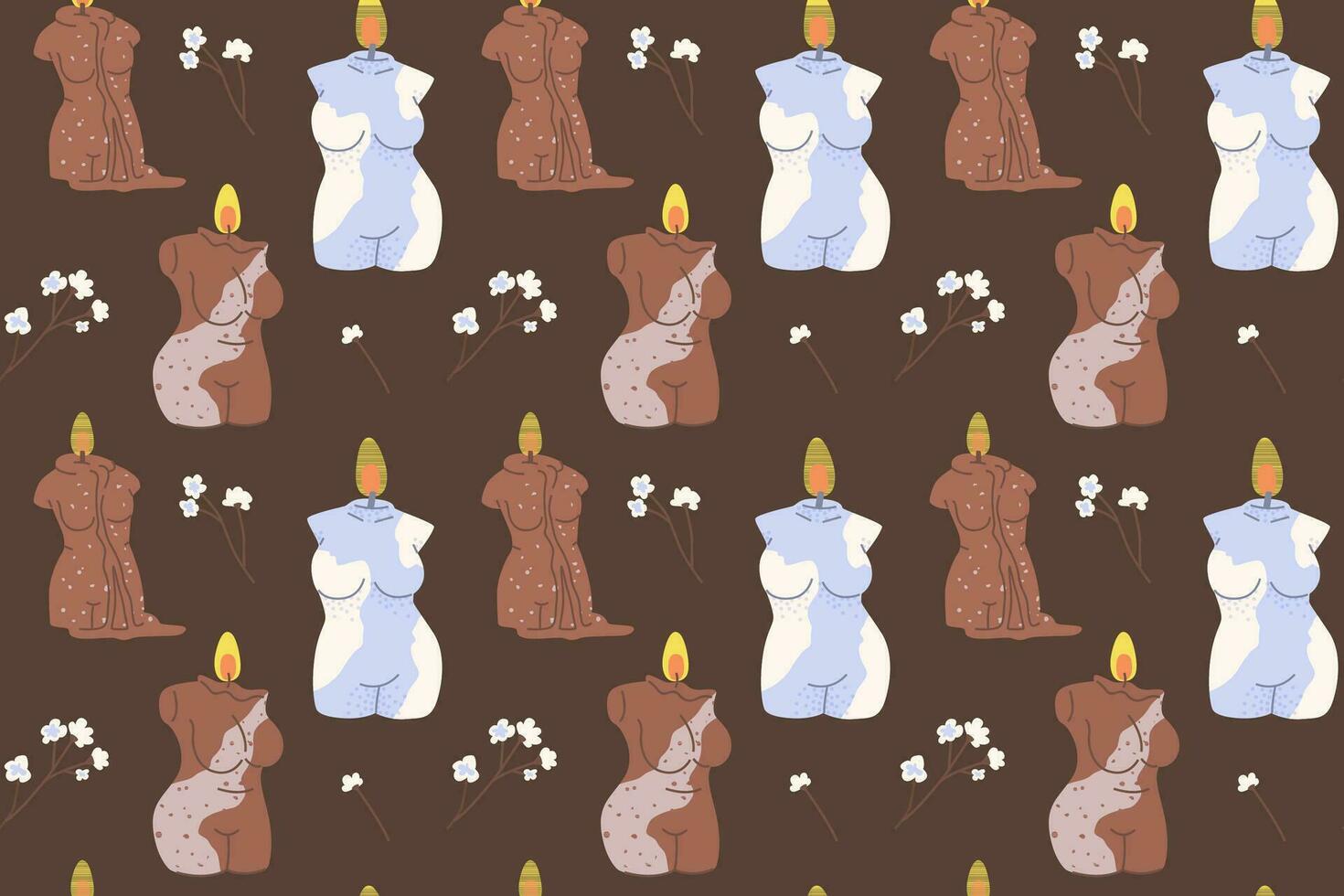 Dark seamless pattern with candles in the form of a female naked body. vector