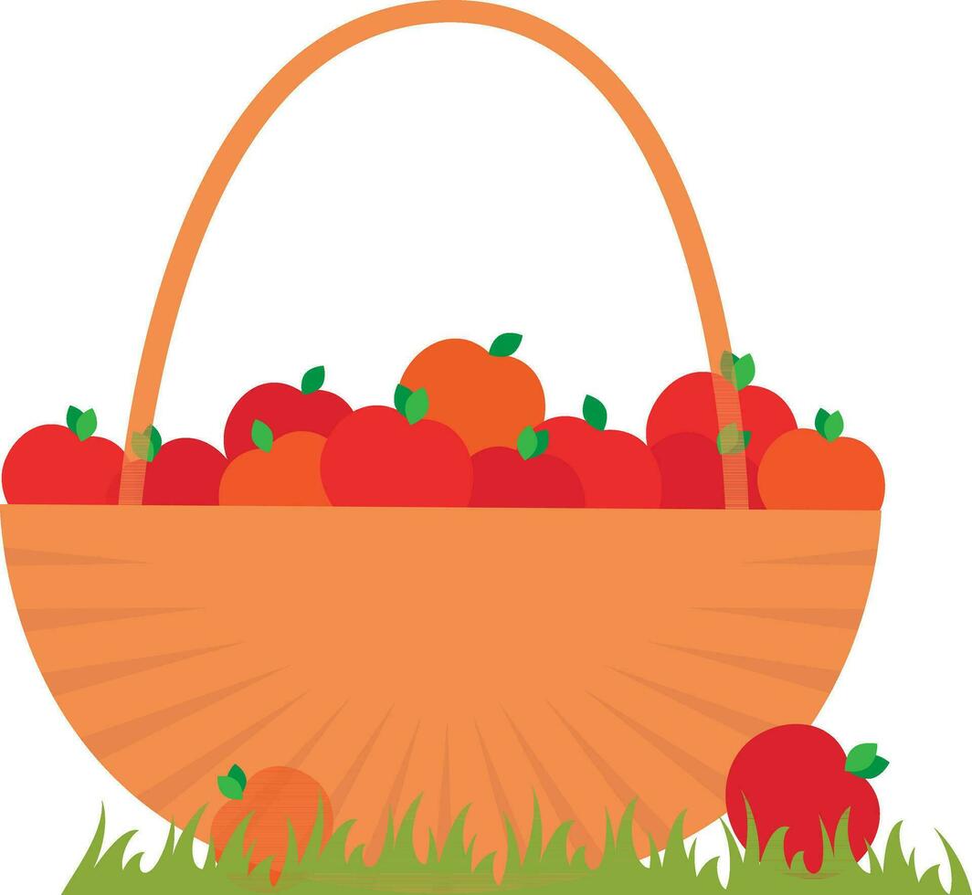 Basket with red tometo on the grass. Flat vector illustration.