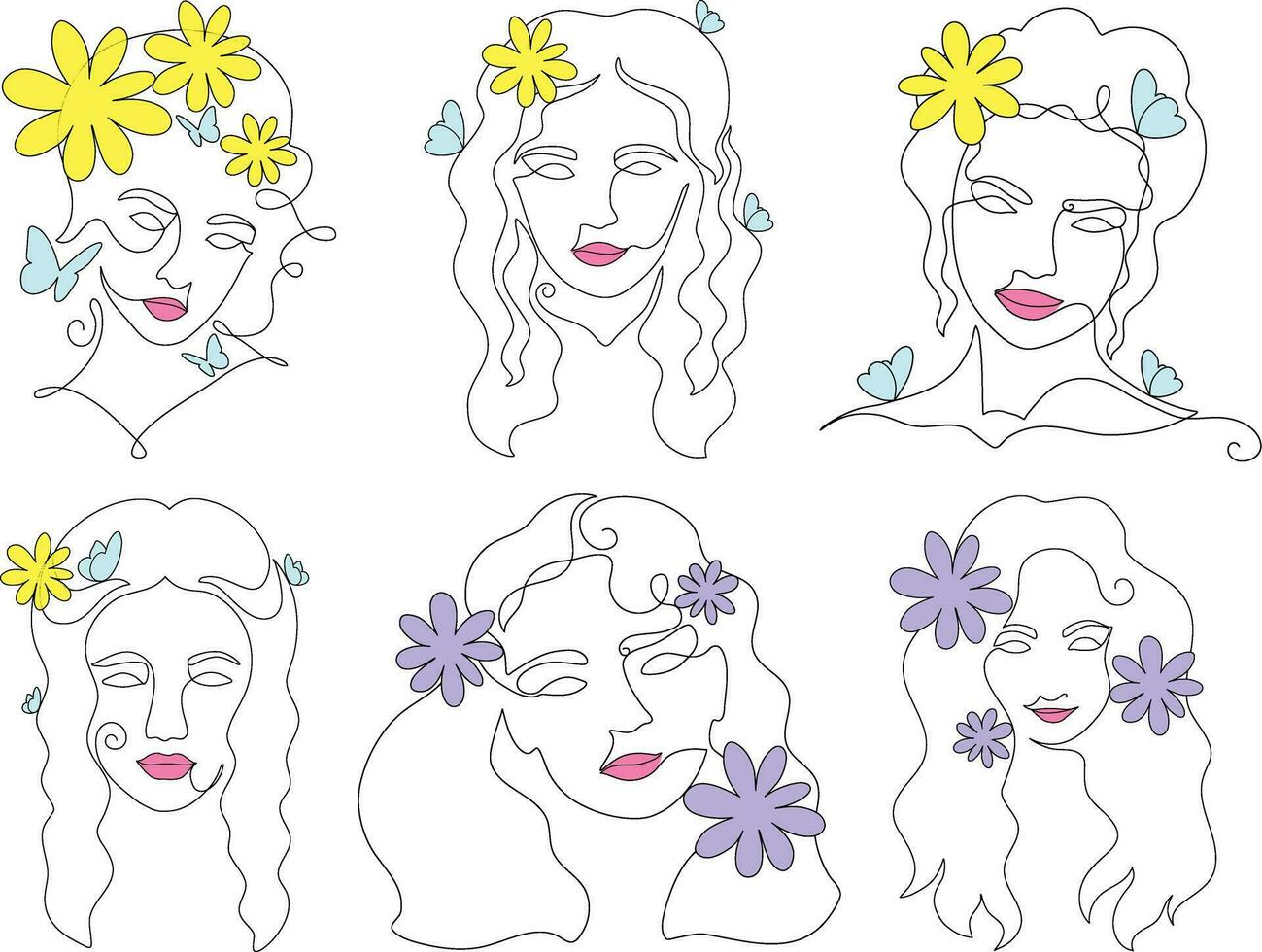 Set of female faces with flowers. Vector illustration in doodle style.