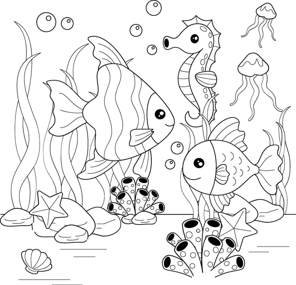 Coloring book for children. underwater world. Black and white vector illustration