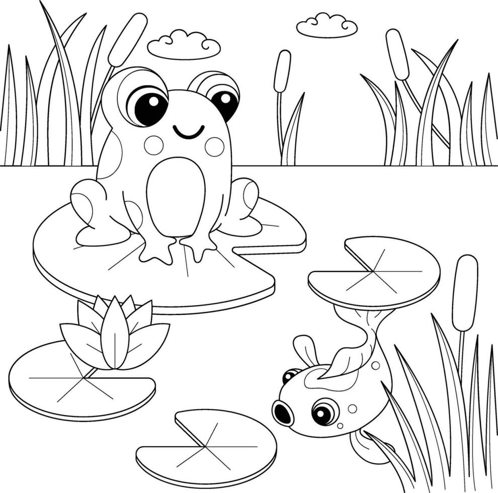 Coloring book for children. Cute cartoon frog sitting on a pond