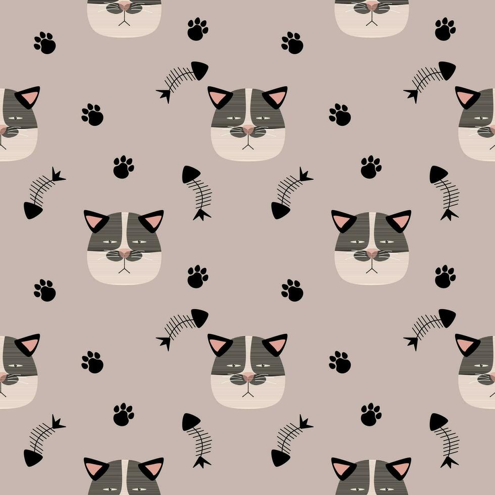 Pattern seamless funny face cat head arrogant black and white vector